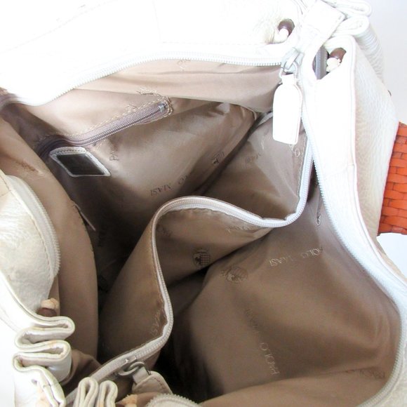 PAOLO MASI Italian Two-Tone Leather Braided Handle Pebbled White Leather/ Large - Picture 11 of 14